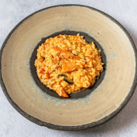 Shrimp, pumpkin and tomato risotto